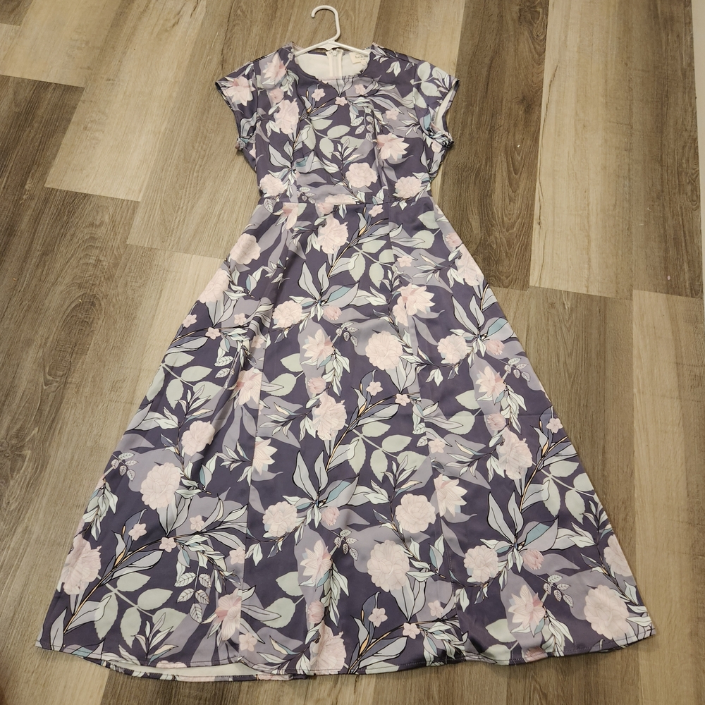 Böhme Floral Midi Dress Women's Medium Purple Pink Short Sleeve Smocked Waist - Picture 13 of 14